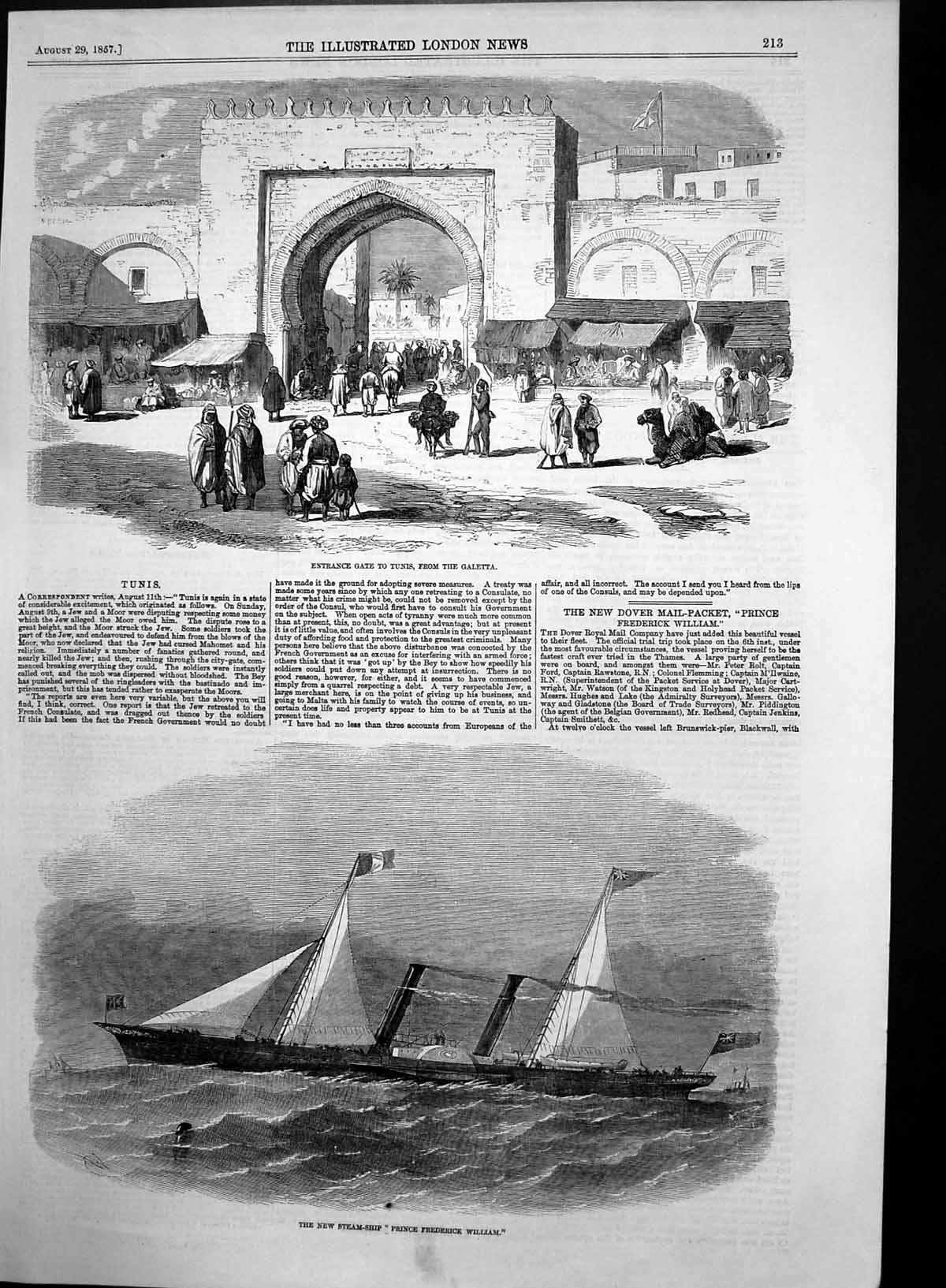 Antique Print New Zealand Ship Prince Frederick William Tunis Galetta 1857 19th