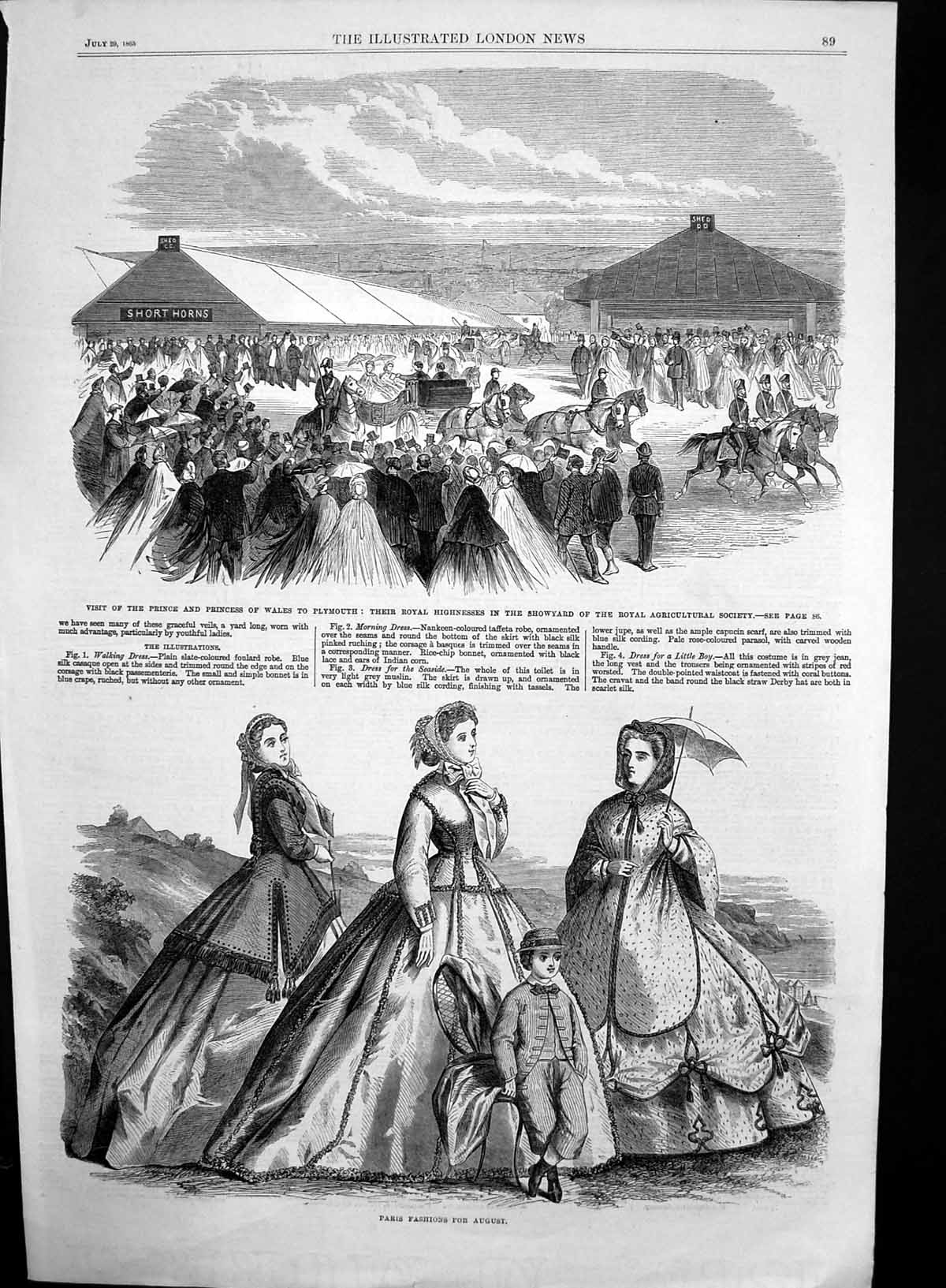 Antique Old Print Prince Princess Wales Plymouth Paris Fashions August 1865