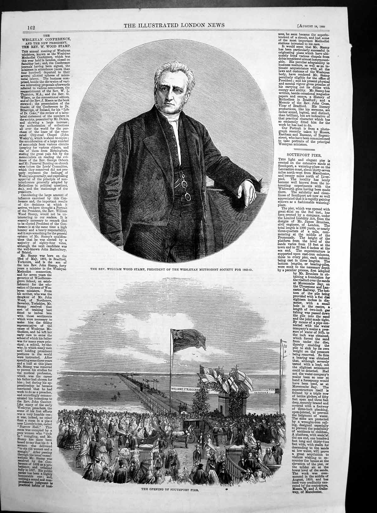 Original Old Antique Print Opening Southport Pier Rev William Wood Stamp 1860