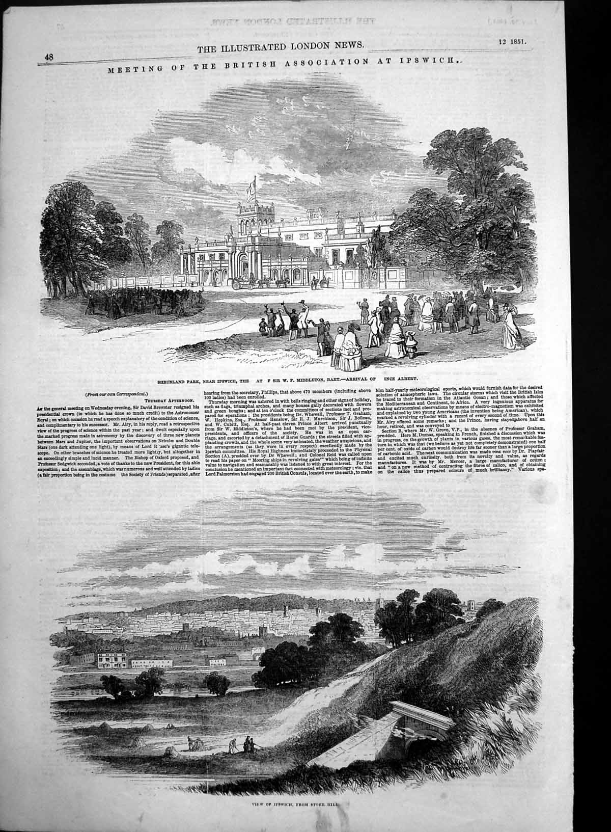Antique Old Print Prince Albert Shrubland Park Ipswich View Stoke Hill 1851