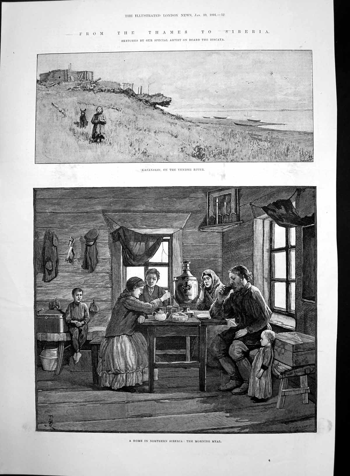 Antique Old Print Kasanskol On Yenisei River Home Northern Siberia Meal 1891