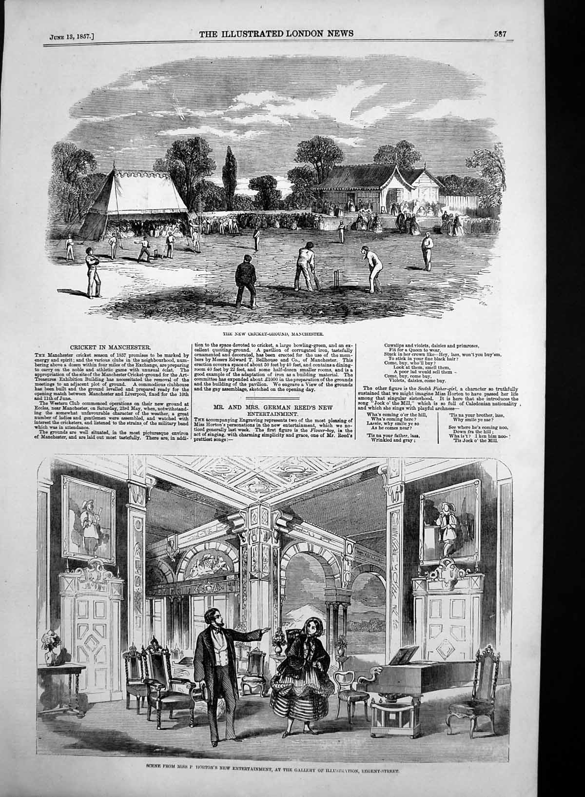 Antique Old Print Miss P Hortons Entertainment Cricket Groundmanchester1857