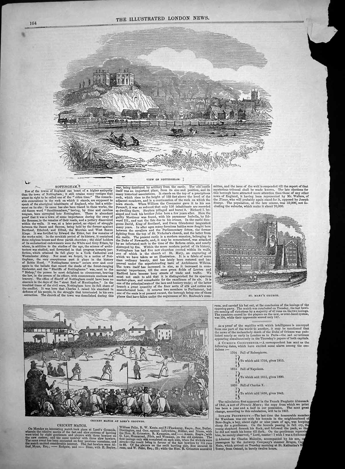 Old Antique Print Nottingham St Marys Church Cricket Lords Grounds C1857 19th