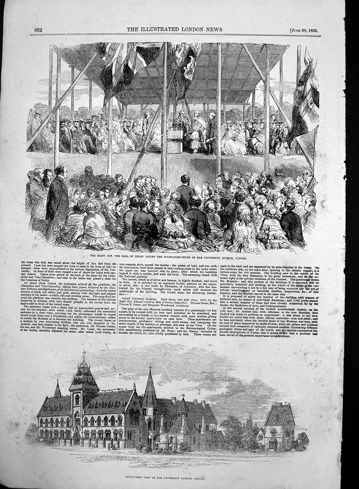 Antique Old Print Oxford Univerity Museum Earl Derby Laying Foundation 1855