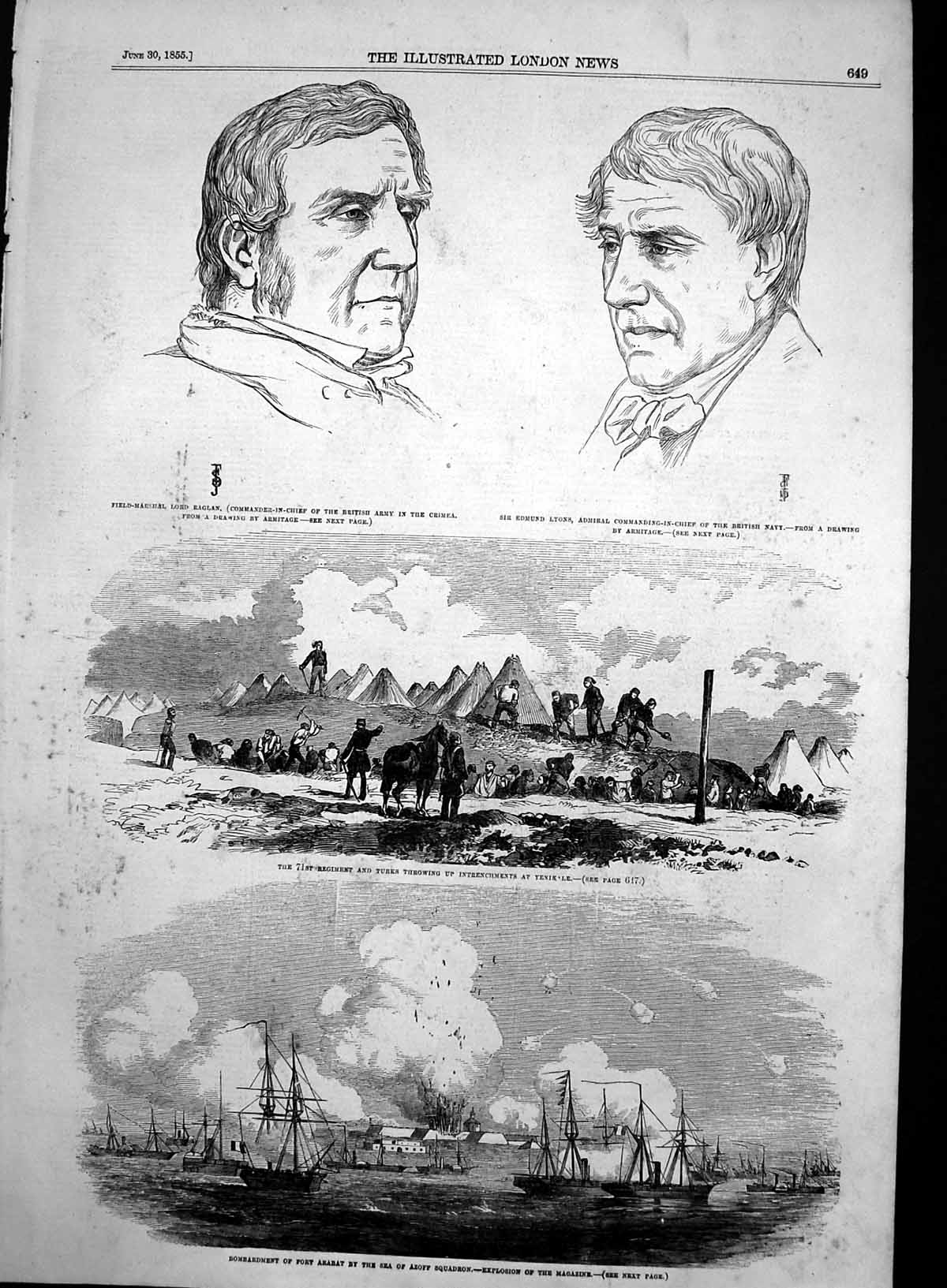 Antique Old Print Bombardment Fort Arabat Azoff Squadron Edmund Lyons 1855 19th