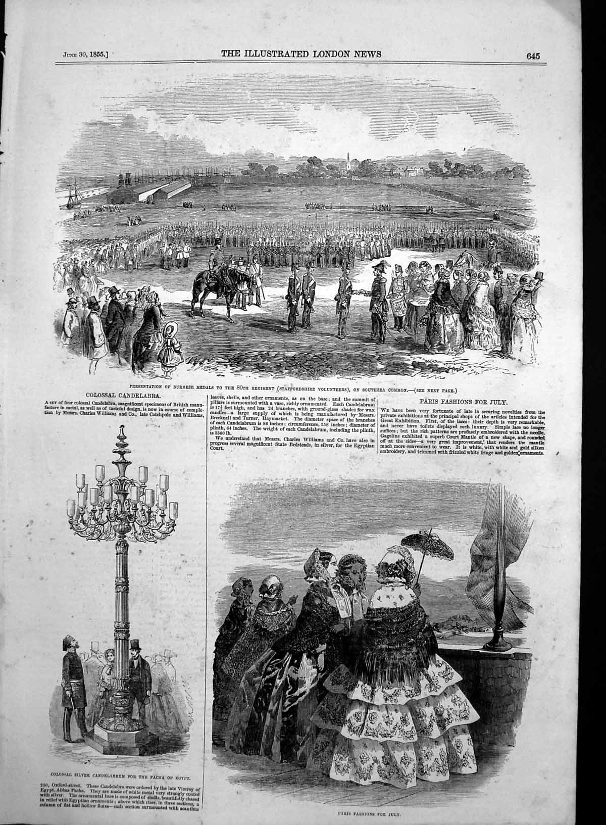 Antique Old Print Staffordshire Volunteers Burmese Medals Paris Fashions1855