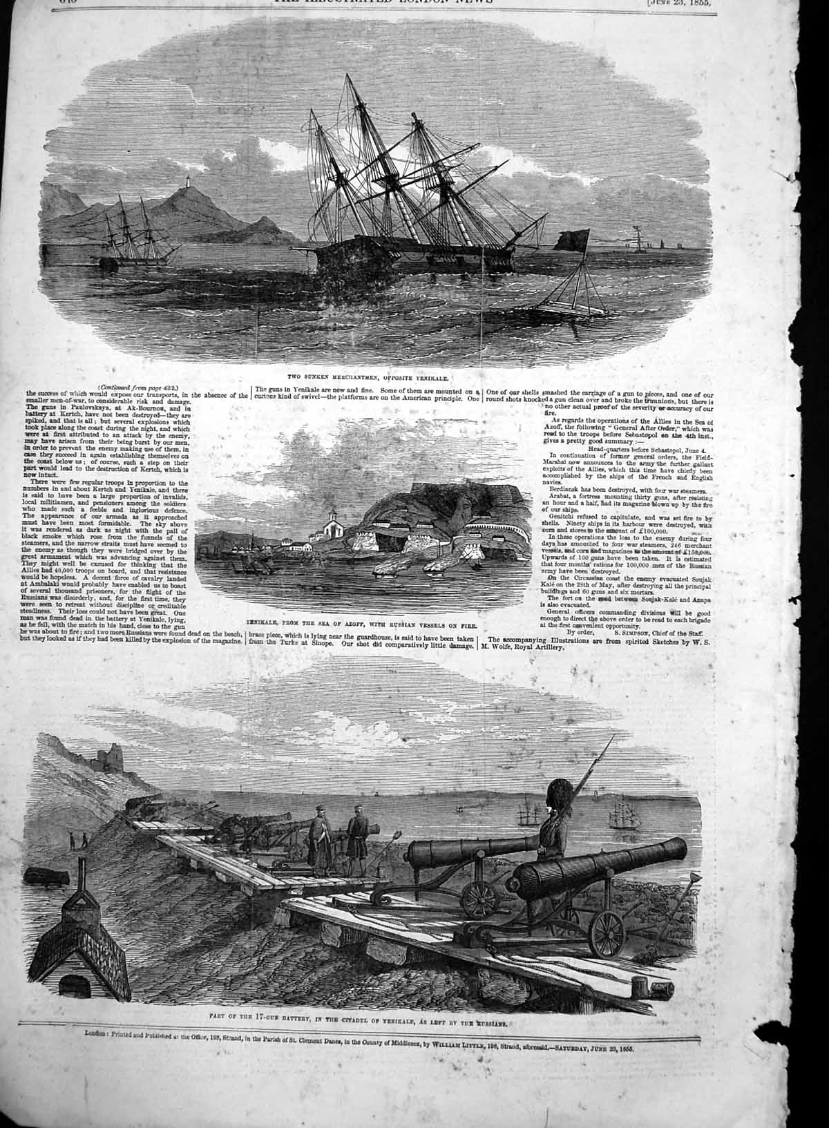 Original Old Antique Print Yenikale 17 Gun Battery Russian Vessels On Fire 1855