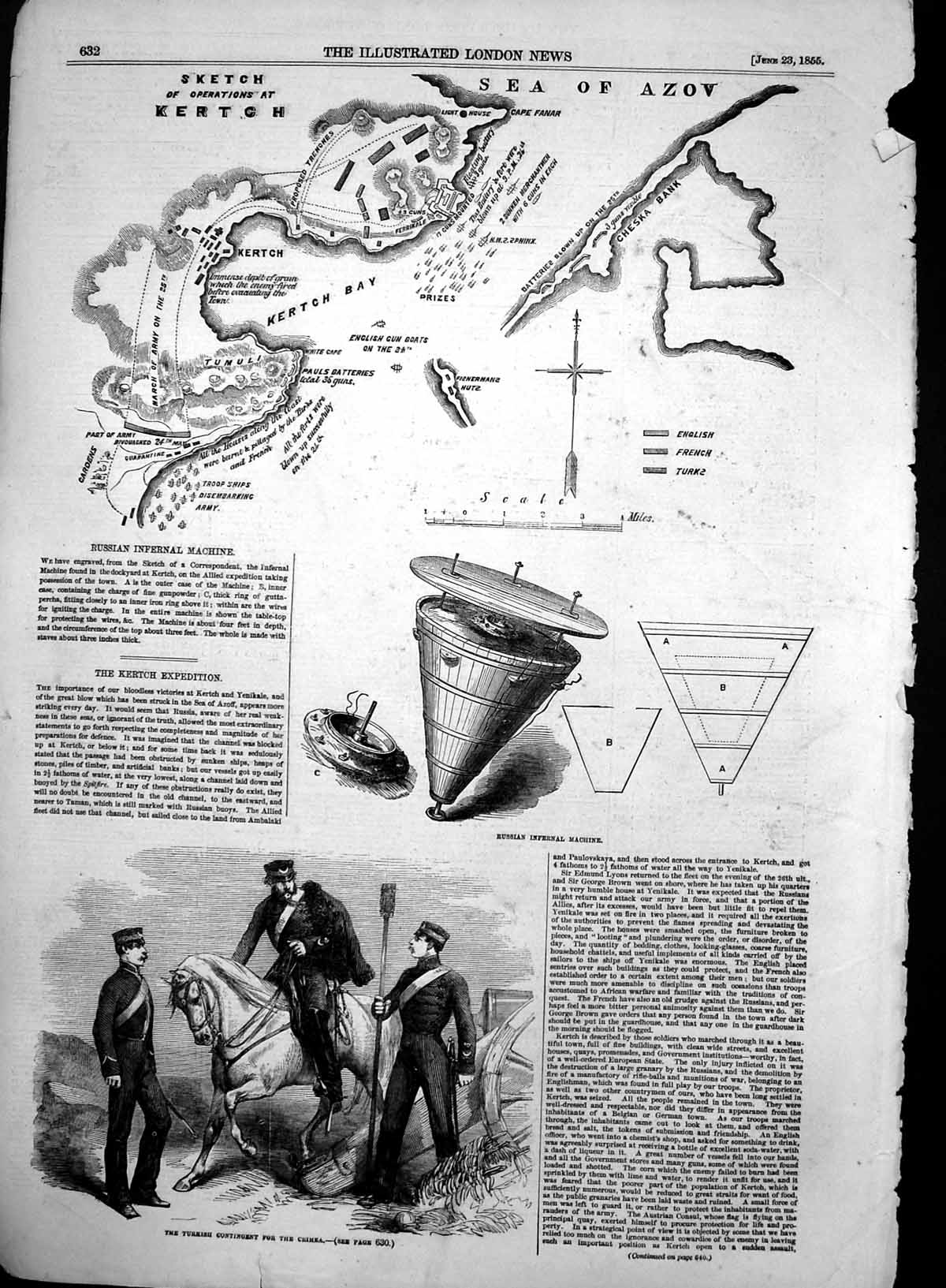 Antique Old Print Map Operations Kertch Turkish Contingent For Crimea 1855 19th