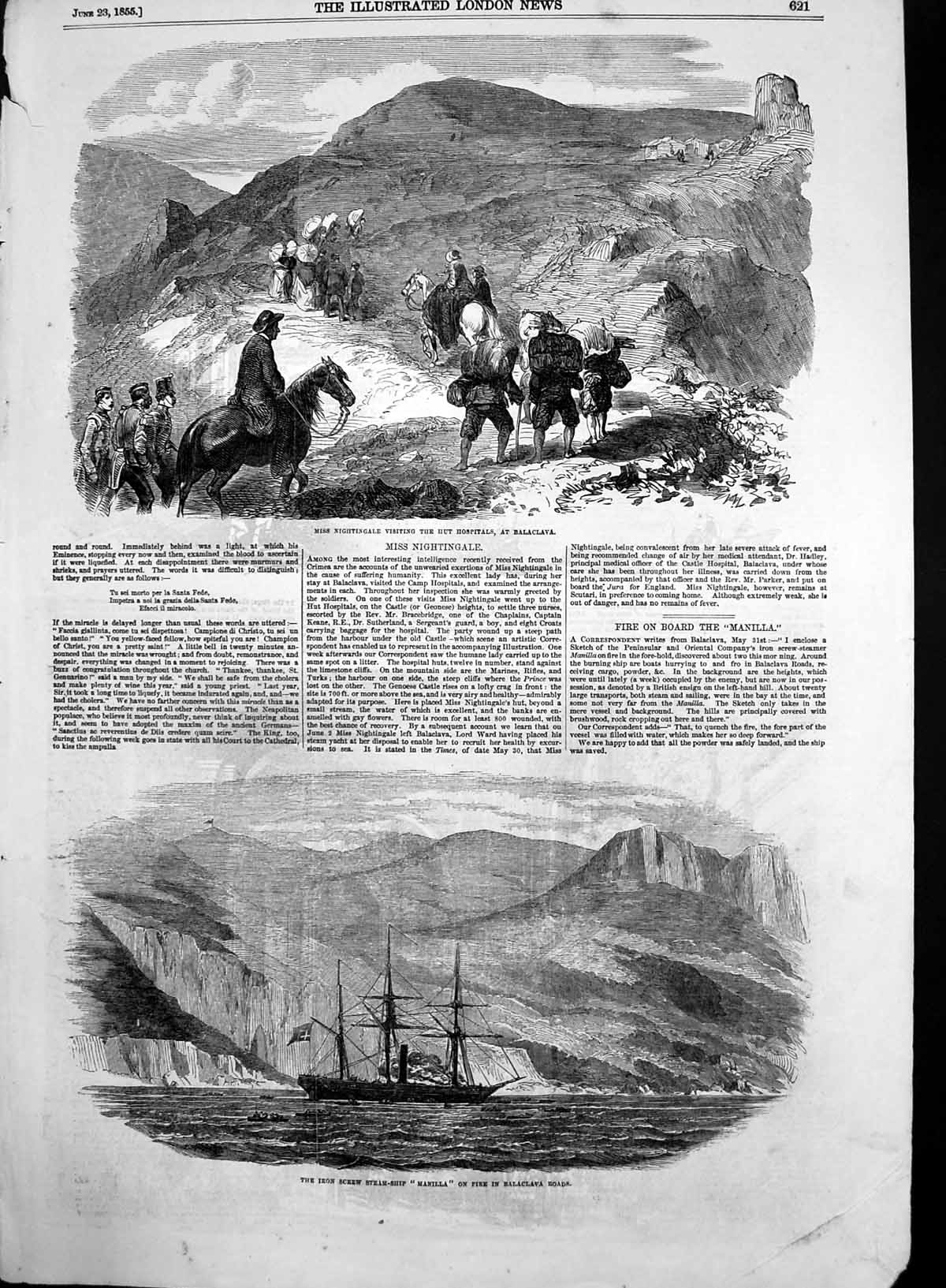 Antique Old Print Miss Nightingale Hospital Balaclava Steam Ship Manilla 1855