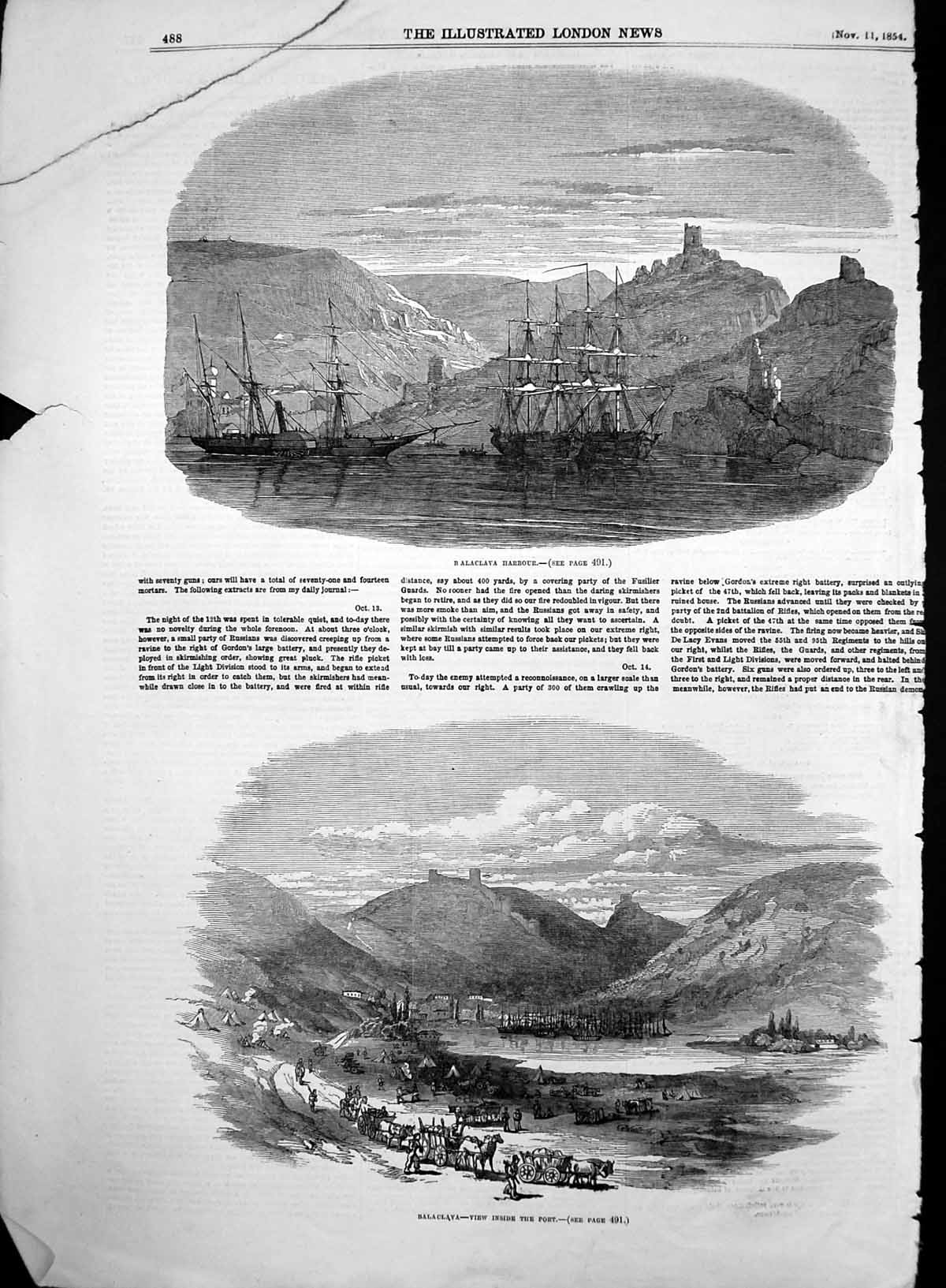 Original Old Antique Print Ships Balaclava Harbour View Inside Port 1854 19th