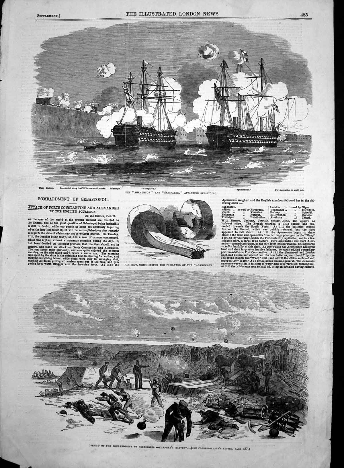 Old Antique Print Agamemnon Sanspareil Attacking Sebastopol Bar Shot 1854 19th