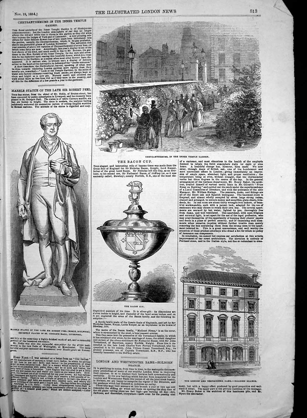 Antique Old Print Statue Sir Robert Peel London Westminster Bank Holborn1854