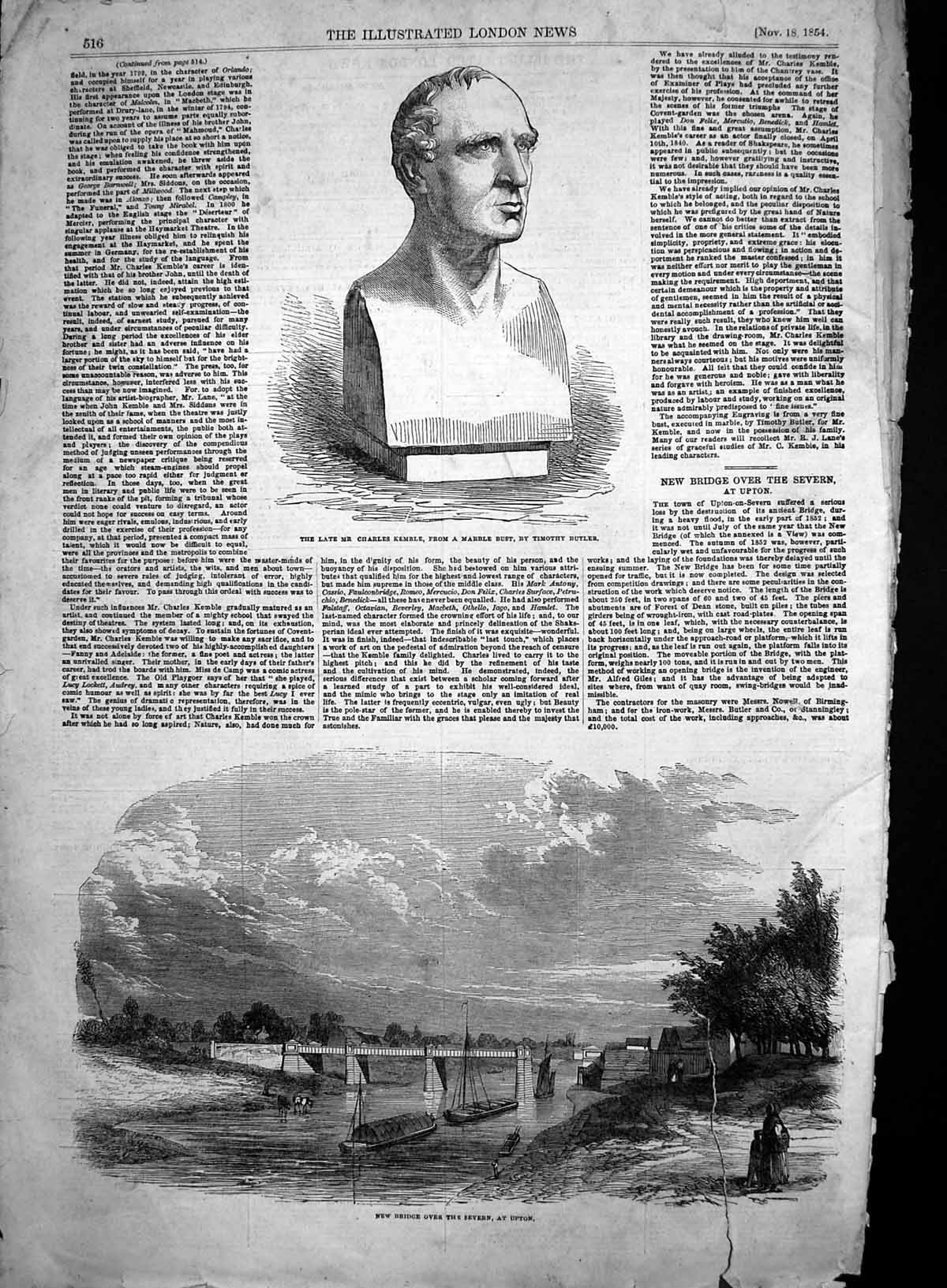 Old Antique Print New Bridge Severn Upton Bust Late Charles Kemble 1854 19th