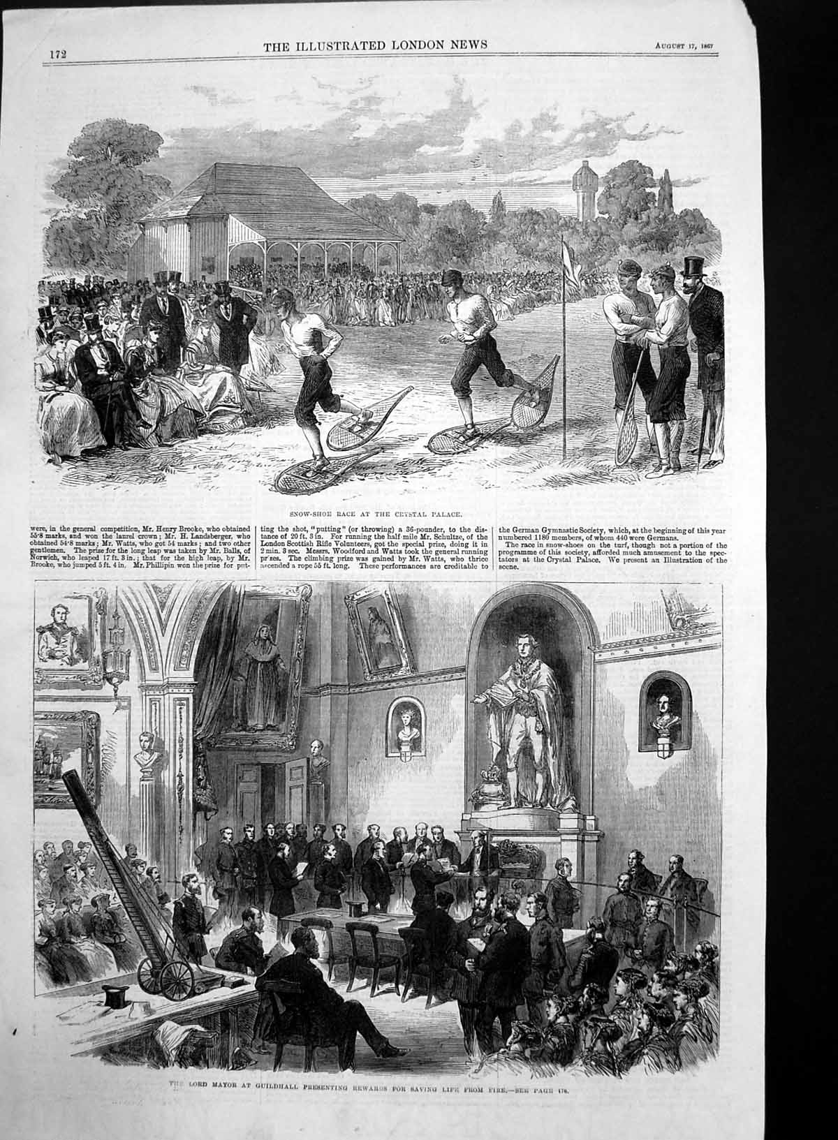 Antique Old Print Lord Mayor Guidhall Presents Life Saving Awards Fire 1867