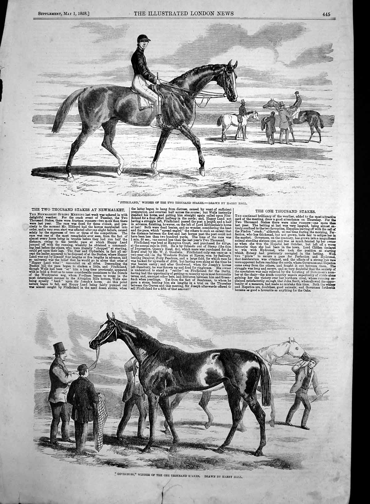 Original Old Antique Print Fitzroland Winner Two Thousand Stakes Governess 1858