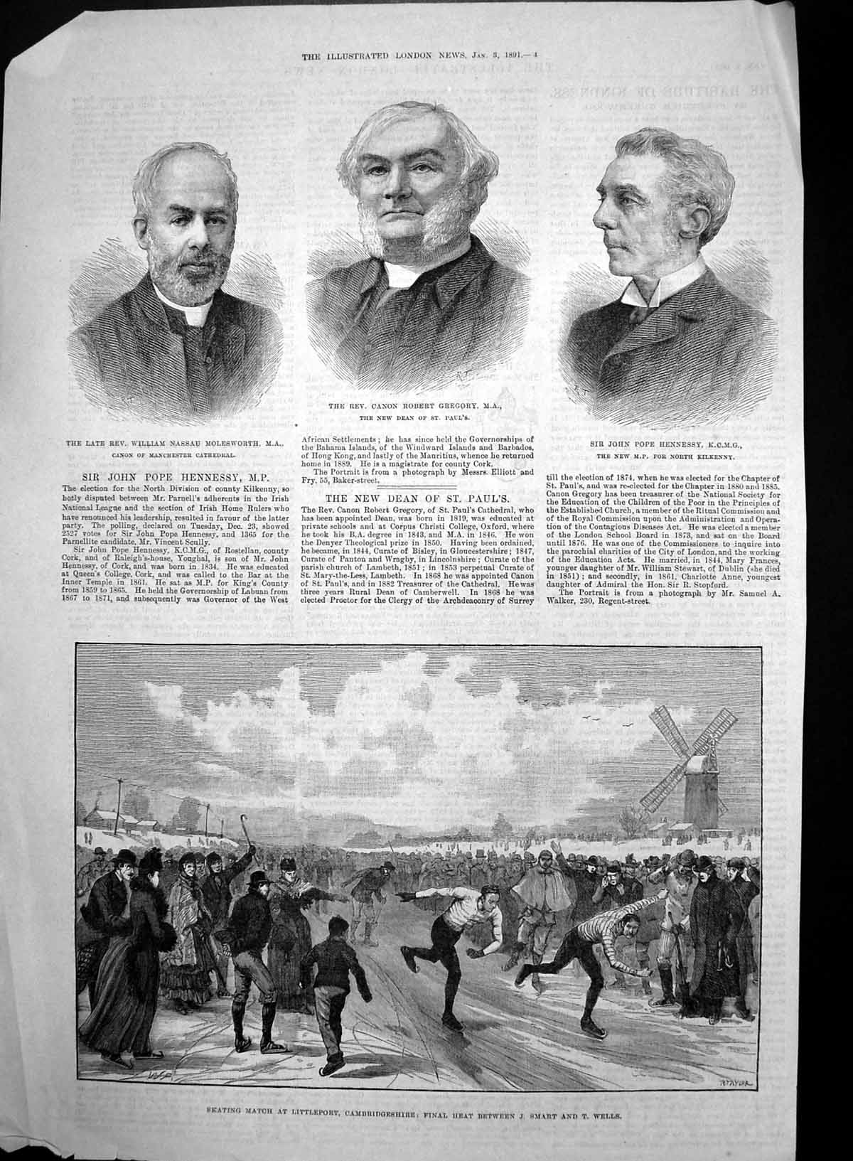 Antique Old Print Skating Match Littleport Cambridgeshire John Hennessy 1891