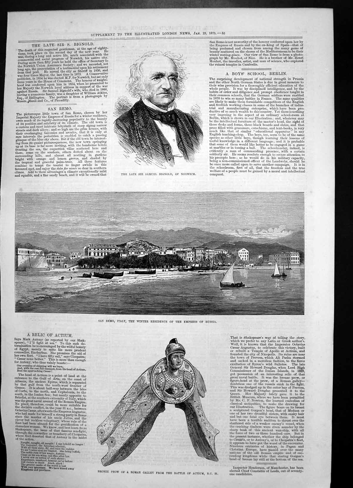 Old Antique Print Samuel BignNorwich San Remo Italy Empress Russia 1875 19th