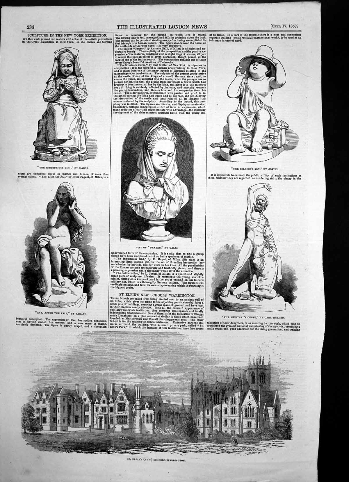 Antique Print St Elfins Schools Warrington Sculptures Prayer Siers Son1853 19th