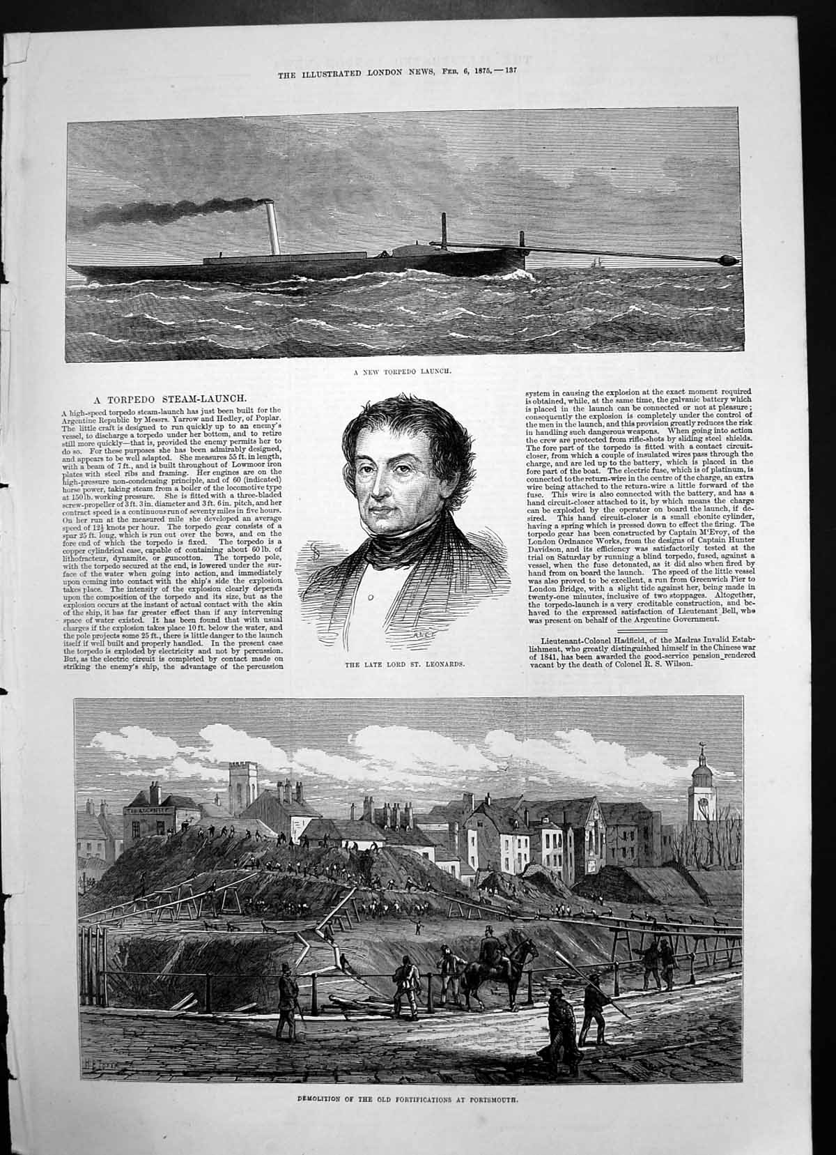 Antique Print Torpedo Launch Lord St Leonards Fortification Portsmouth 1875