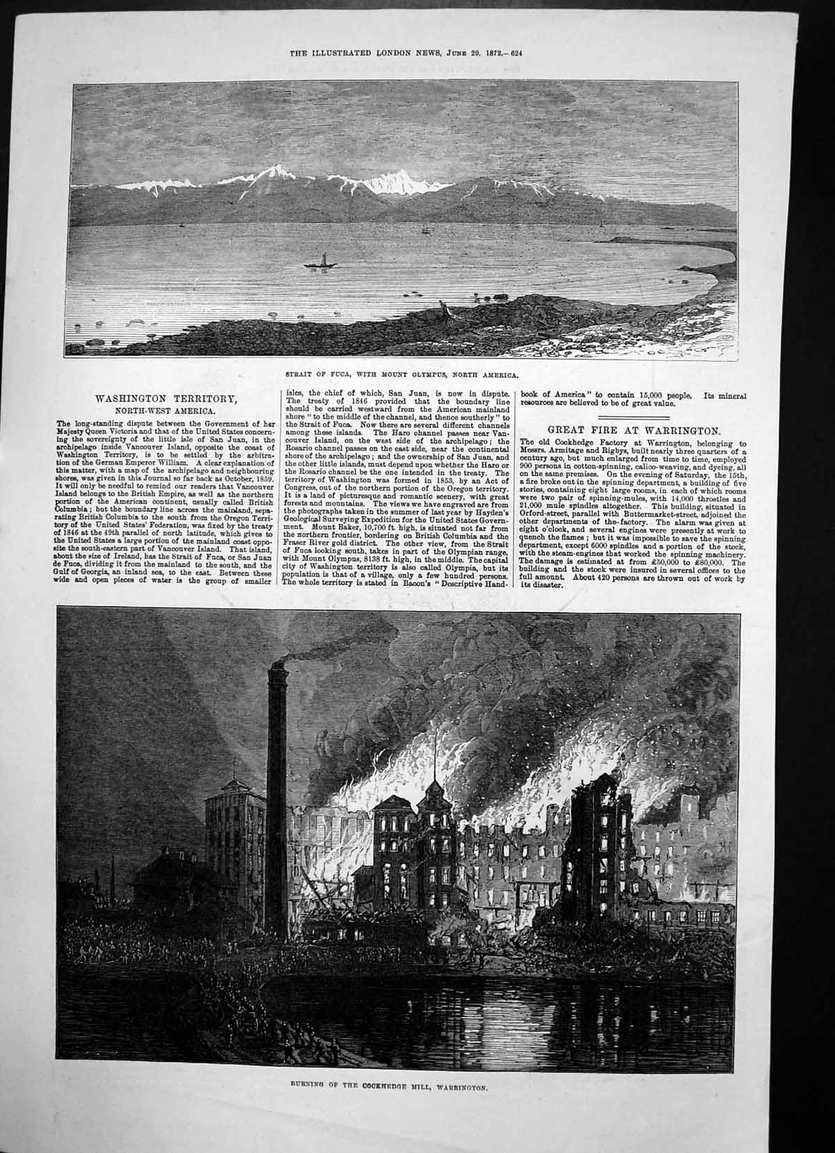 Antique Print Burning Cockhedge Mill Warrington Strait Fuca Mt Olympus1872 19th