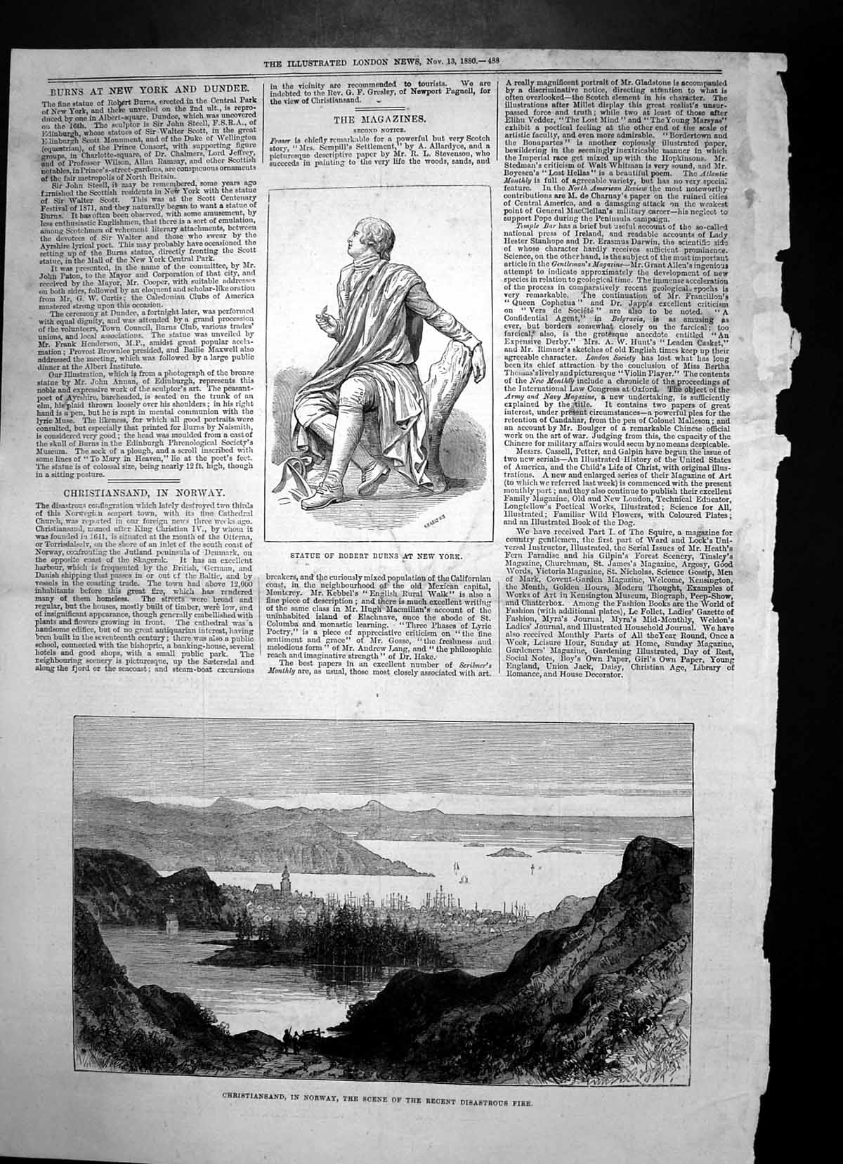 Antique Old Print Statue Robert Burns New York Christiansand Norway Fire 1880