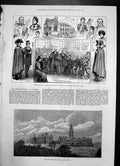 Antique Old Print New Infirmary Bolton Lancashire New Townhall Hastings 1881