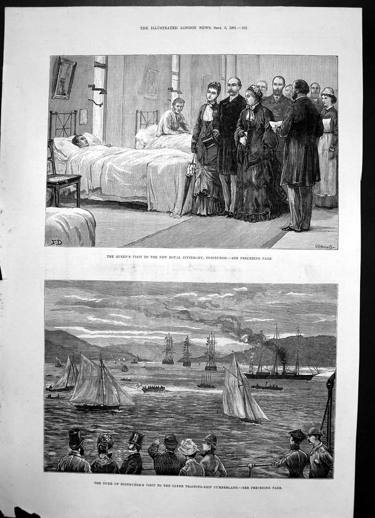 Antique Print Queen Infirmary Edinburgh Clyde Training Ship Cumberland 1881