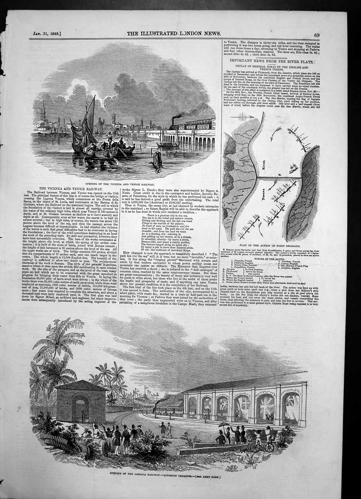 Antique Print Opening Vicenza Venice Railway Jamaica Railway Kingston 1846 19th