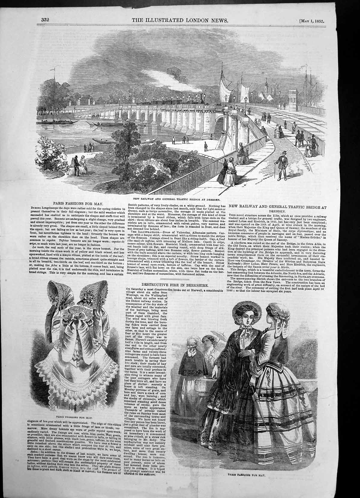 Old Antique Print Railway Traffic Bridge Dresden Paris Fashions May 1852 19th