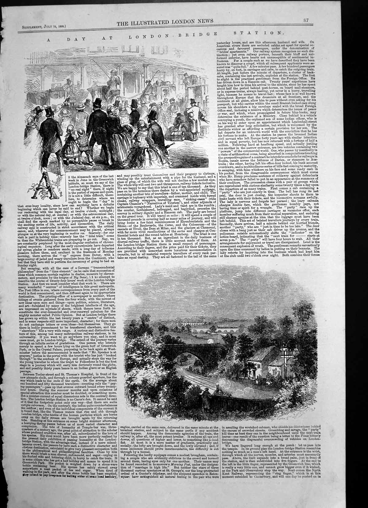 Old Antique Print Day London Bridge Station Travellers Luggage Track 1858 19th