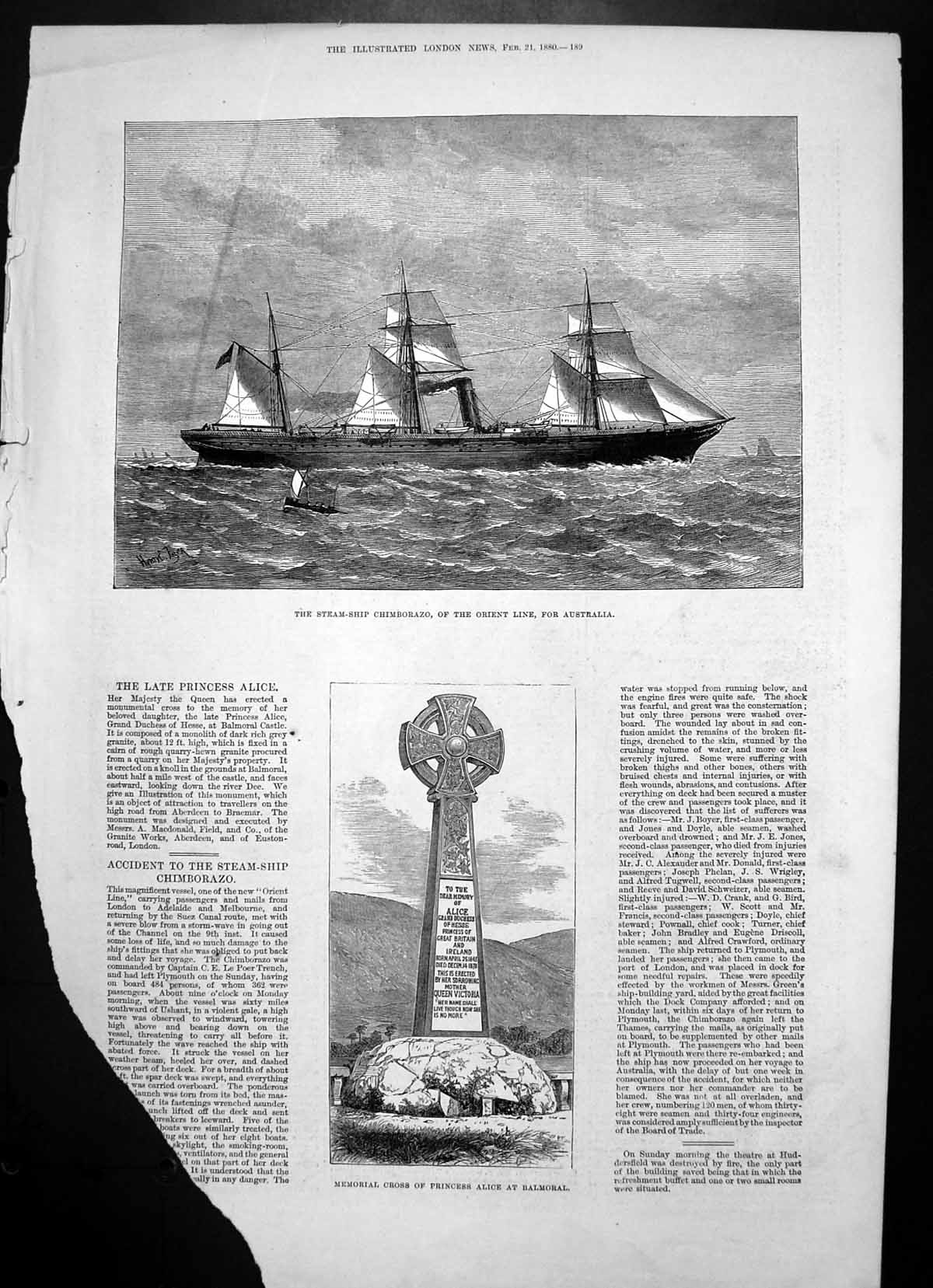 Antique Old Print Memorial Princess Alice Balmoral Steamship Chimborazo 1880