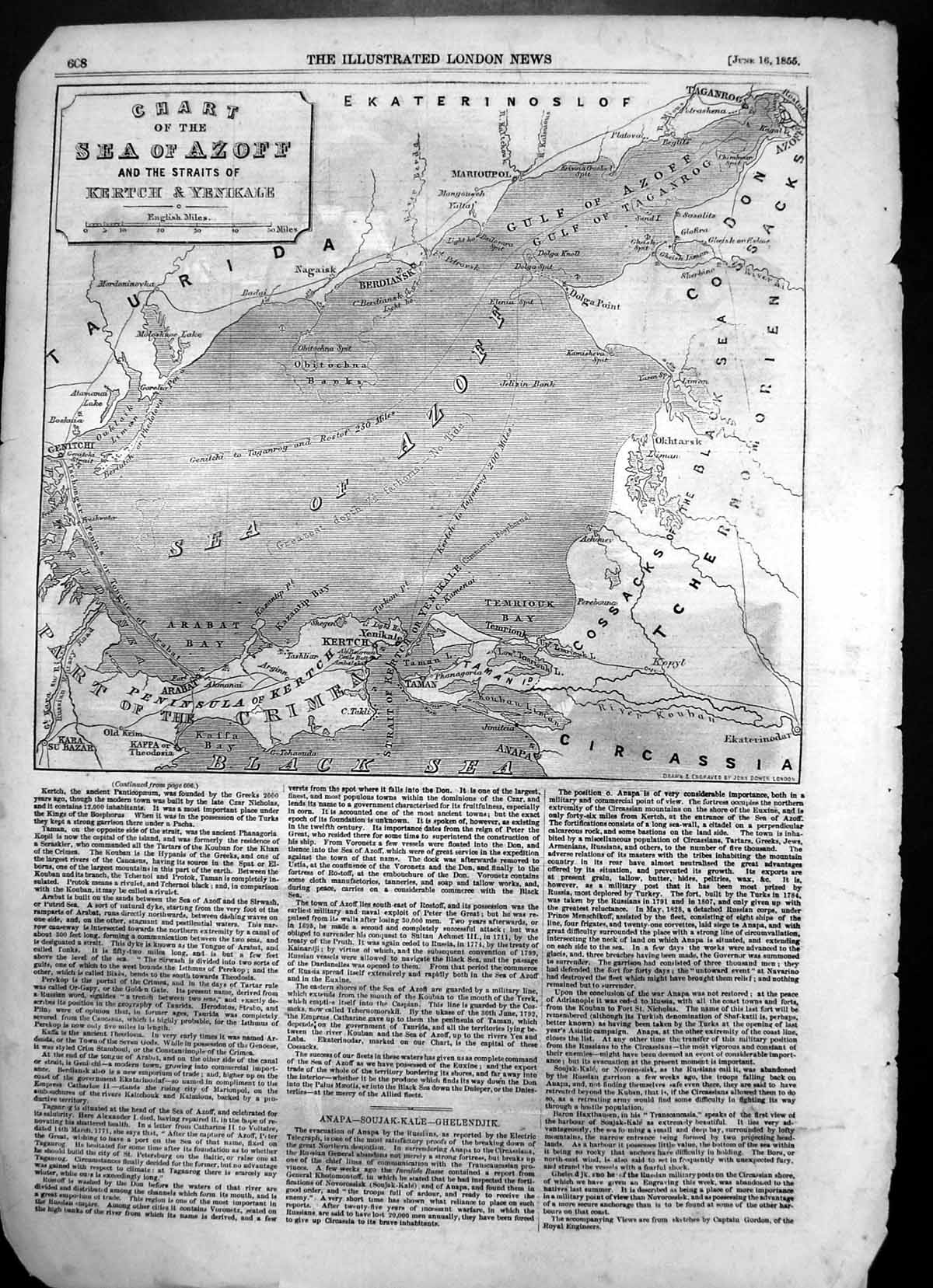 Original Old Antique Print Chart Sea Azoff Straits Kertch Yenikale Crimea 1855