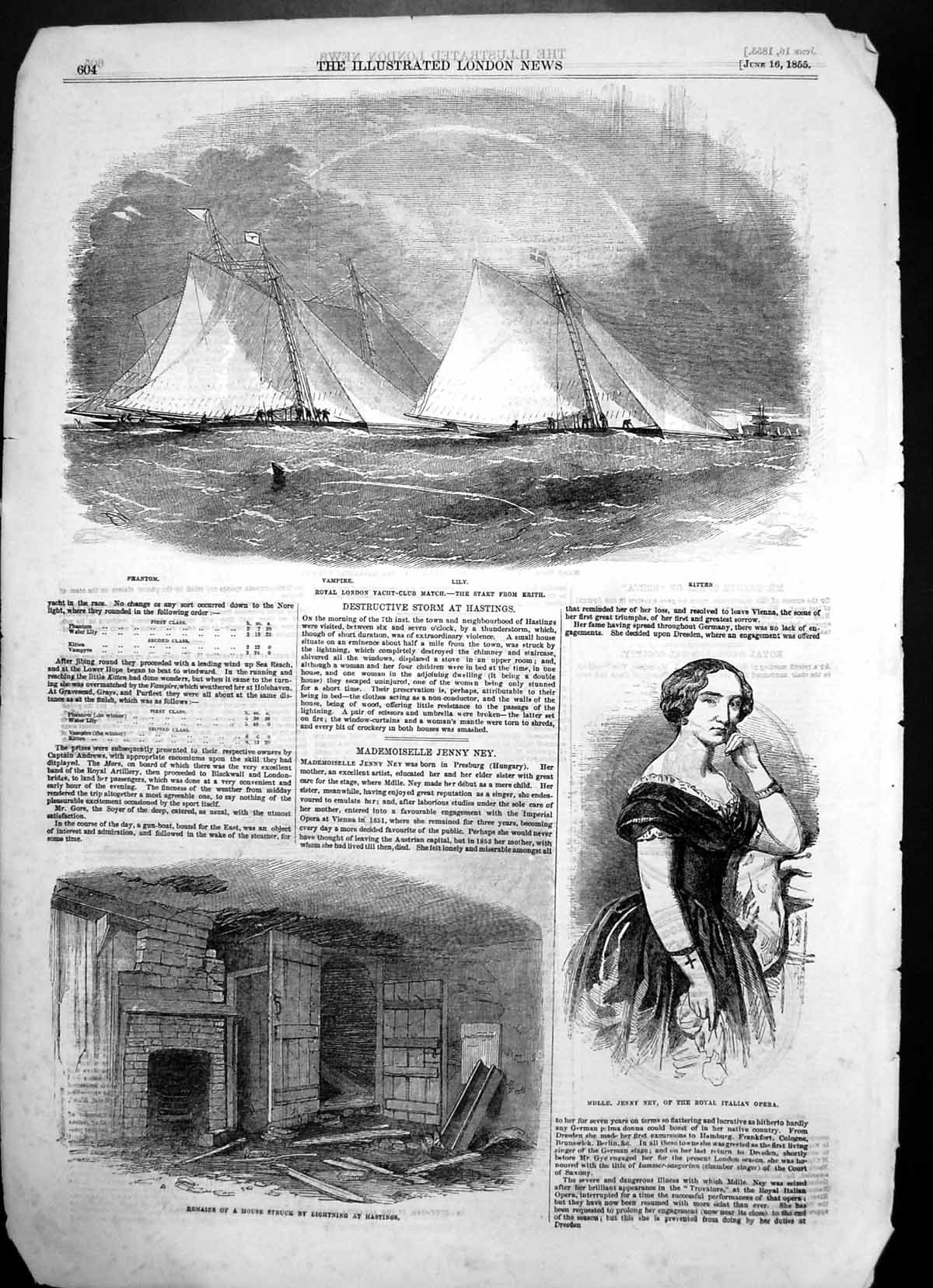 Antique Old Print Mdlle Jenny Ney Italian Opera London Yacht Club Match 1855