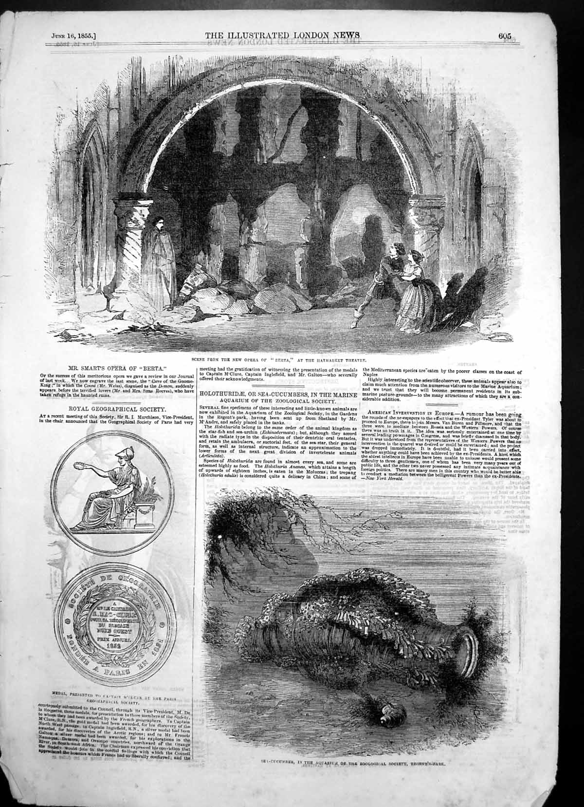 Antique Old Print Opera Berta Haymarket Theatre Sea Cucumber Aquarium 1855 19th