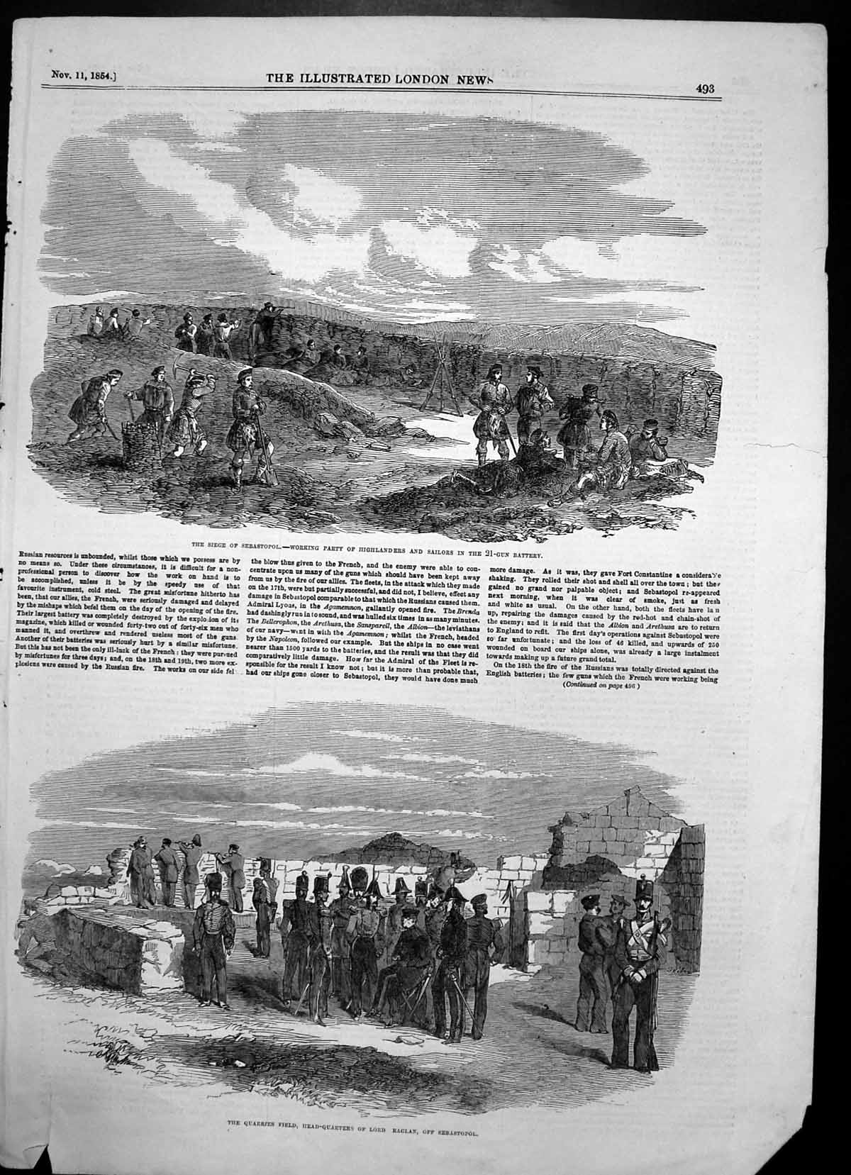 Antique Old Print Siege Sebastopol H Q Lord Raglan Highlanders Sailors 1854