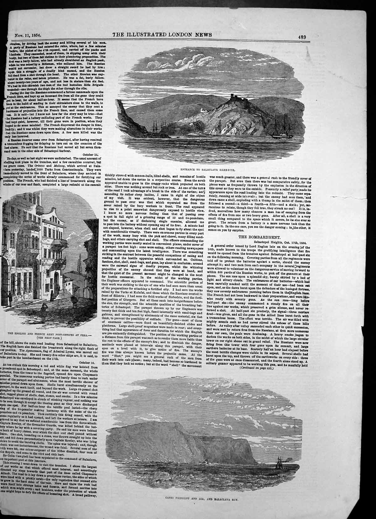 Antique Old Print Army Post Offices Pera Balaclava Harbour Cape Pherient 1854