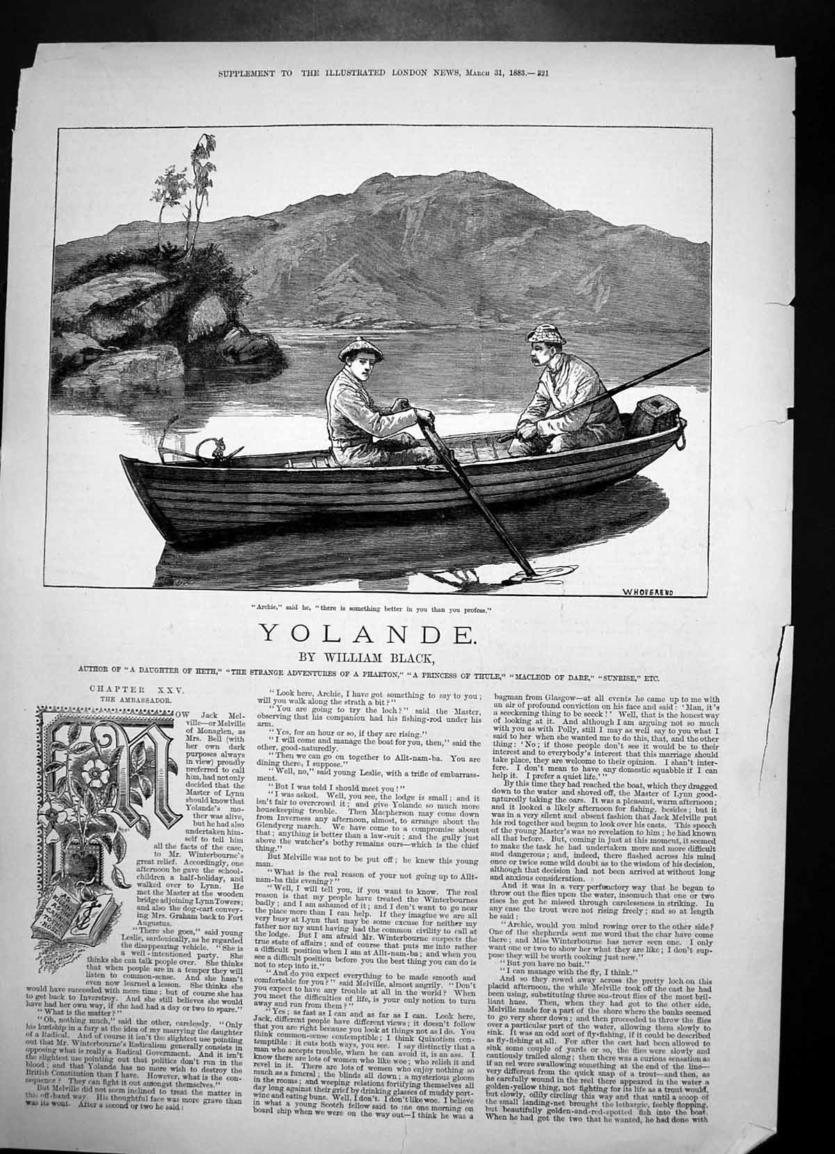 Old Print Yolande William Black Archie Fishing Trip Rod Rowing Boat 1883 19th