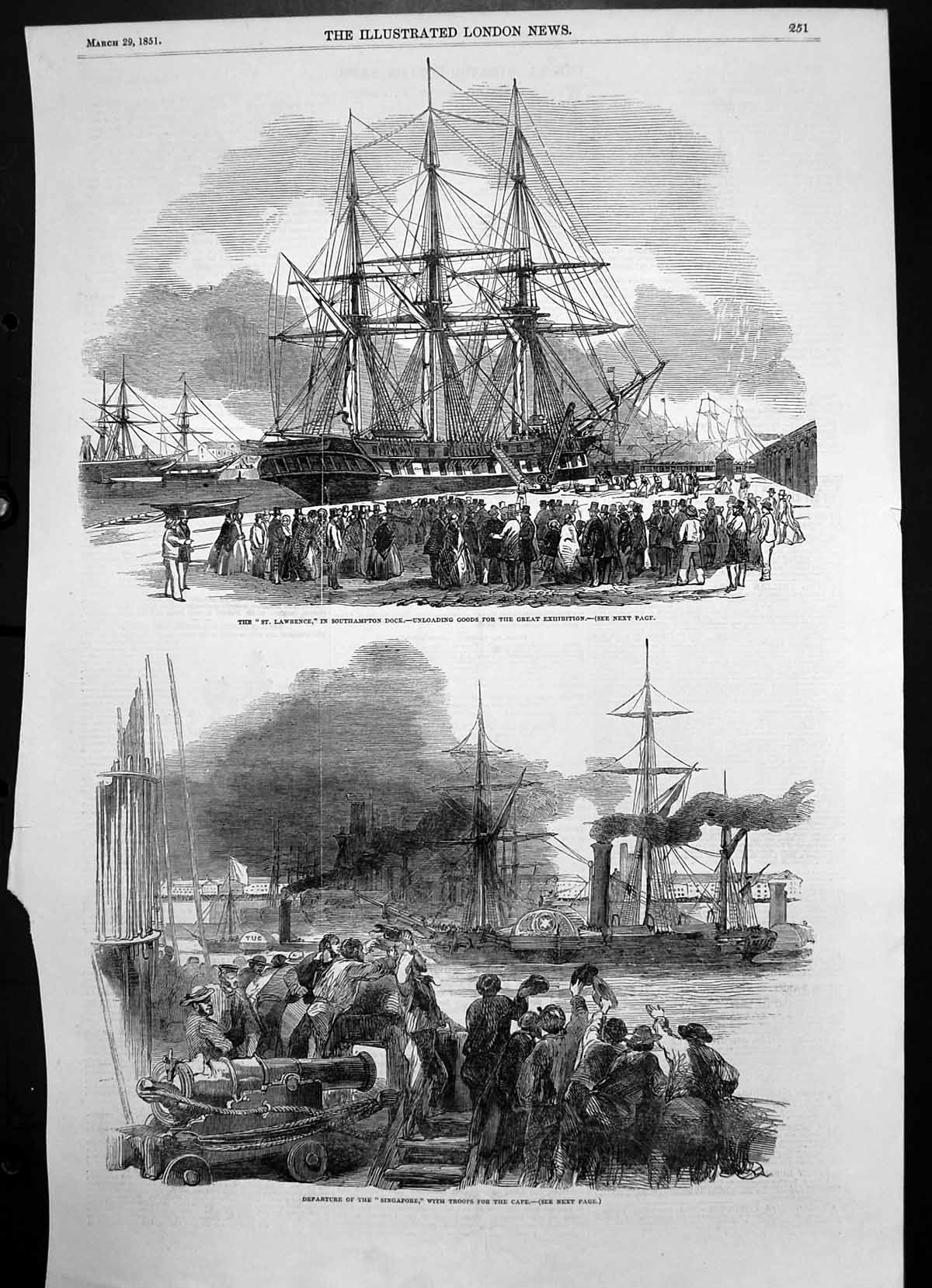 Antique Print Departure Singapore Troops Cape St Lawrence Southampton 1851 19th
