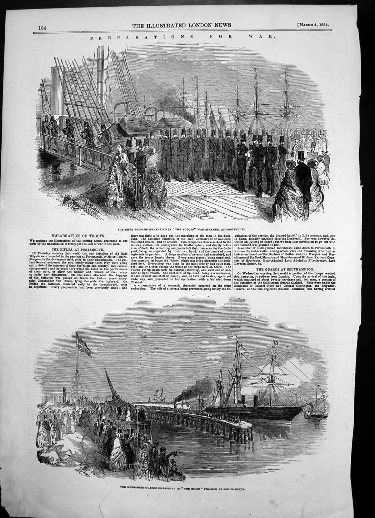 Antique Old Print Embarking Vulcan War Steamer Portsmouth Ripon Steamer 1854