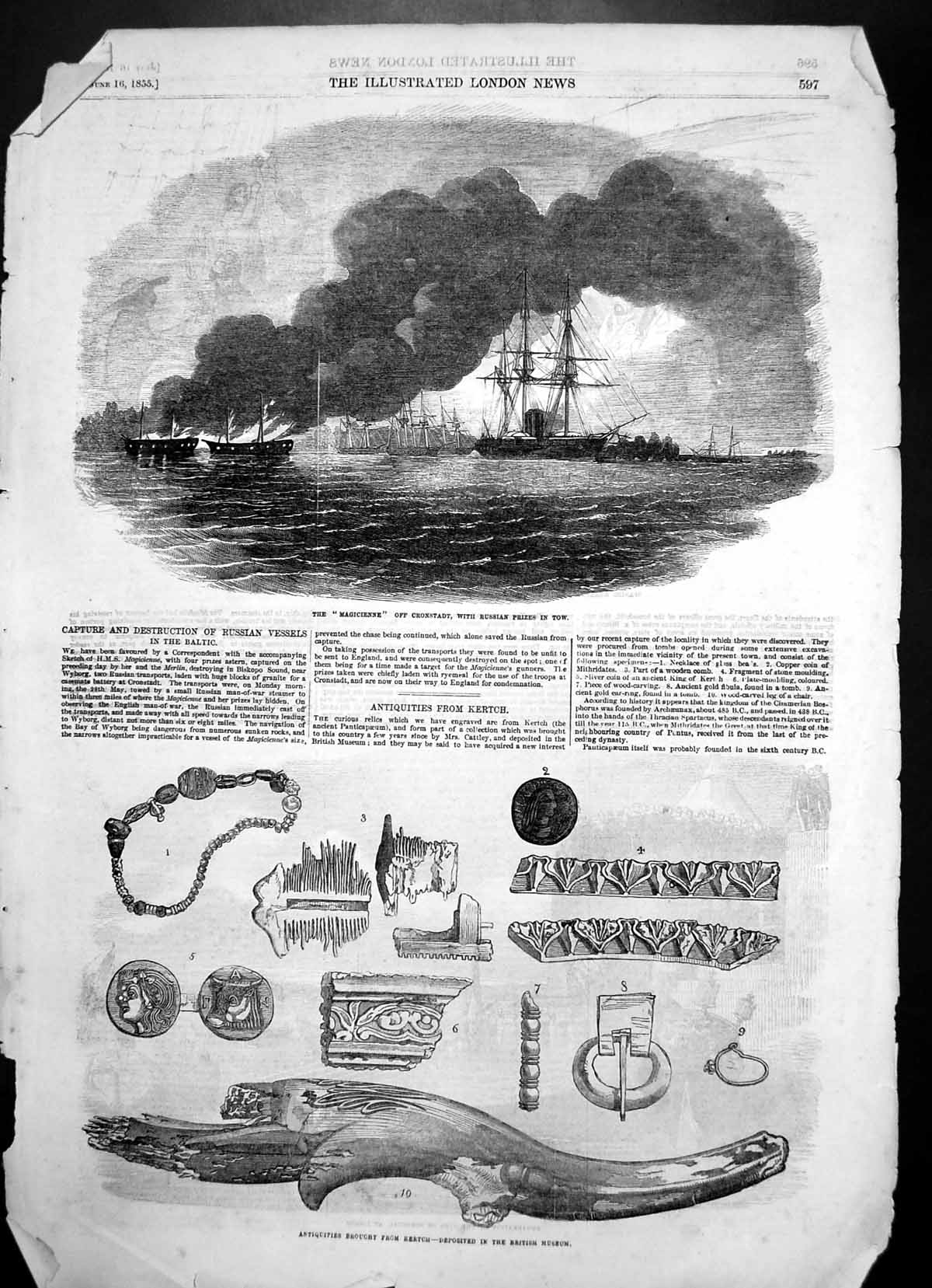 Antique Old Print Magicienne Cronstadt Russian Prizes Antiquities Kertch 1855