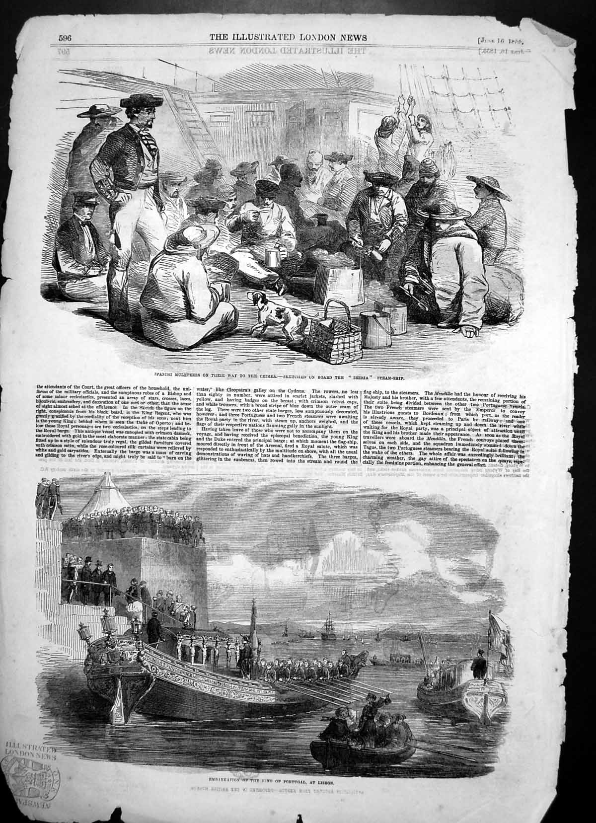 Old Print Spanish Muleteers Crimea Embarkation King Portugal Lisbon 1855 19th