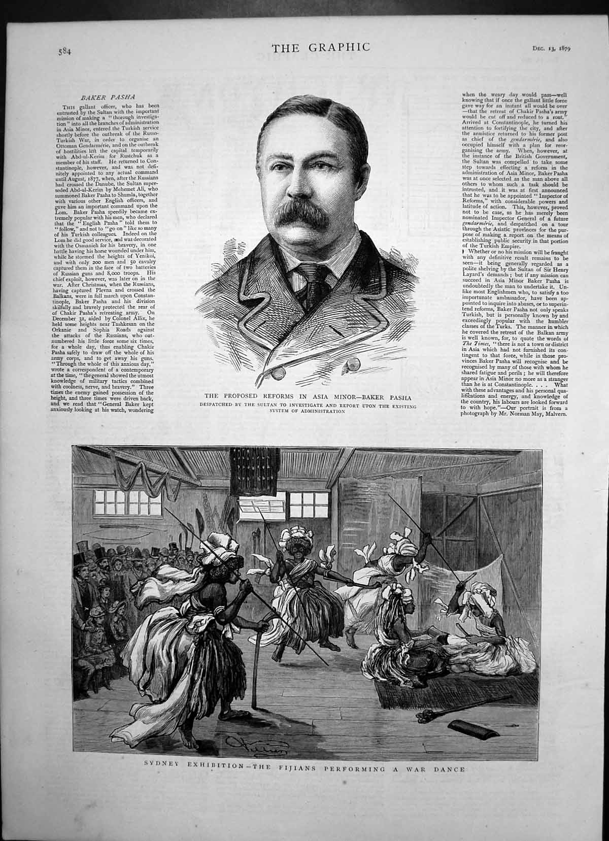 Old Print Sydney Exhibition Fijians War Dance Baker Pasha Asia Minor 1879 19th