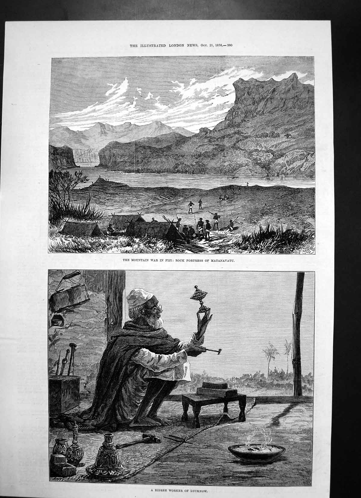 Antique Old Print Bidree Worker Lucknow Rock Fortress Matanavatu Fiji 1876 19th