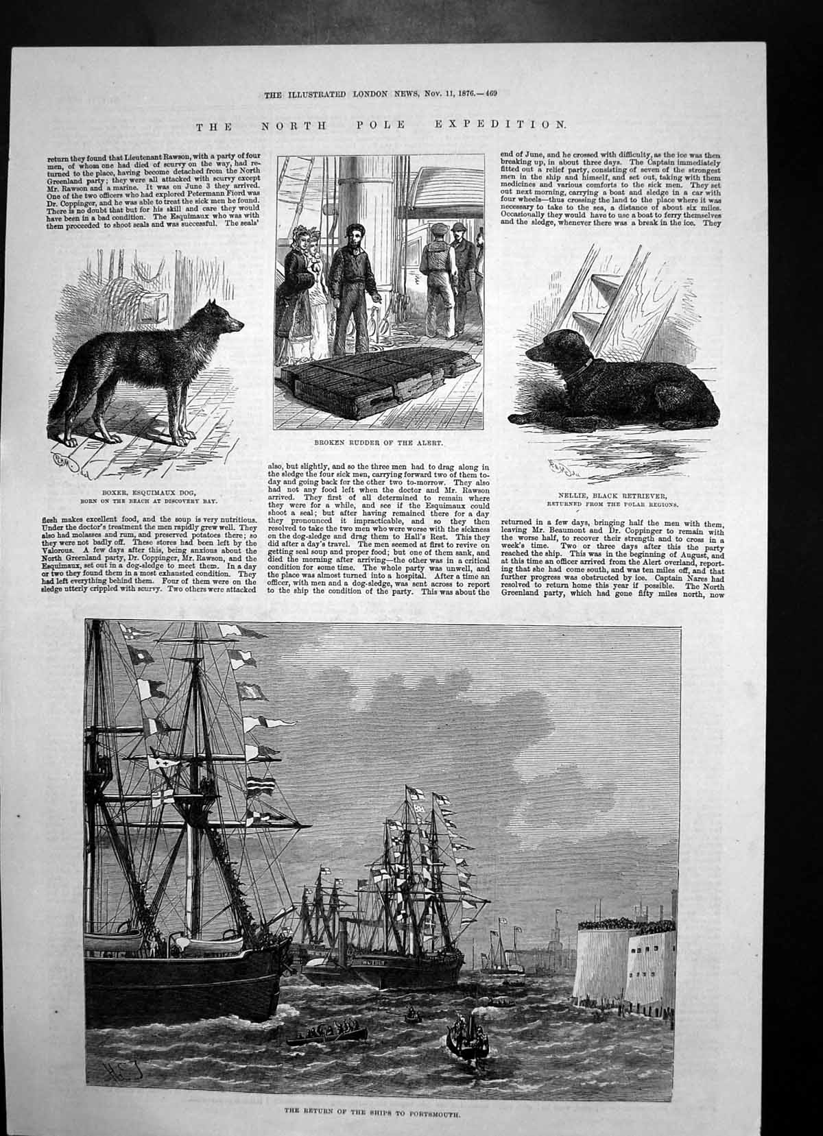 Antique Old Print North Pole Expedition Ships Return Portsmouth Rudder 1876