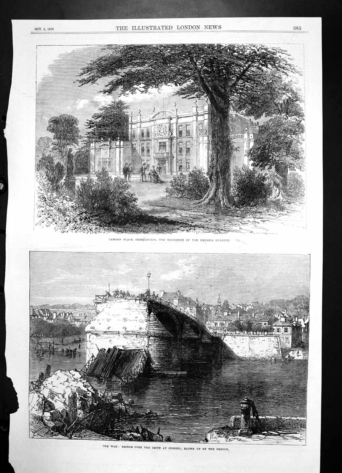 Antique Old Print Camden Place Chiselhurst Bridge Seine Corbeil Blown Up 1870