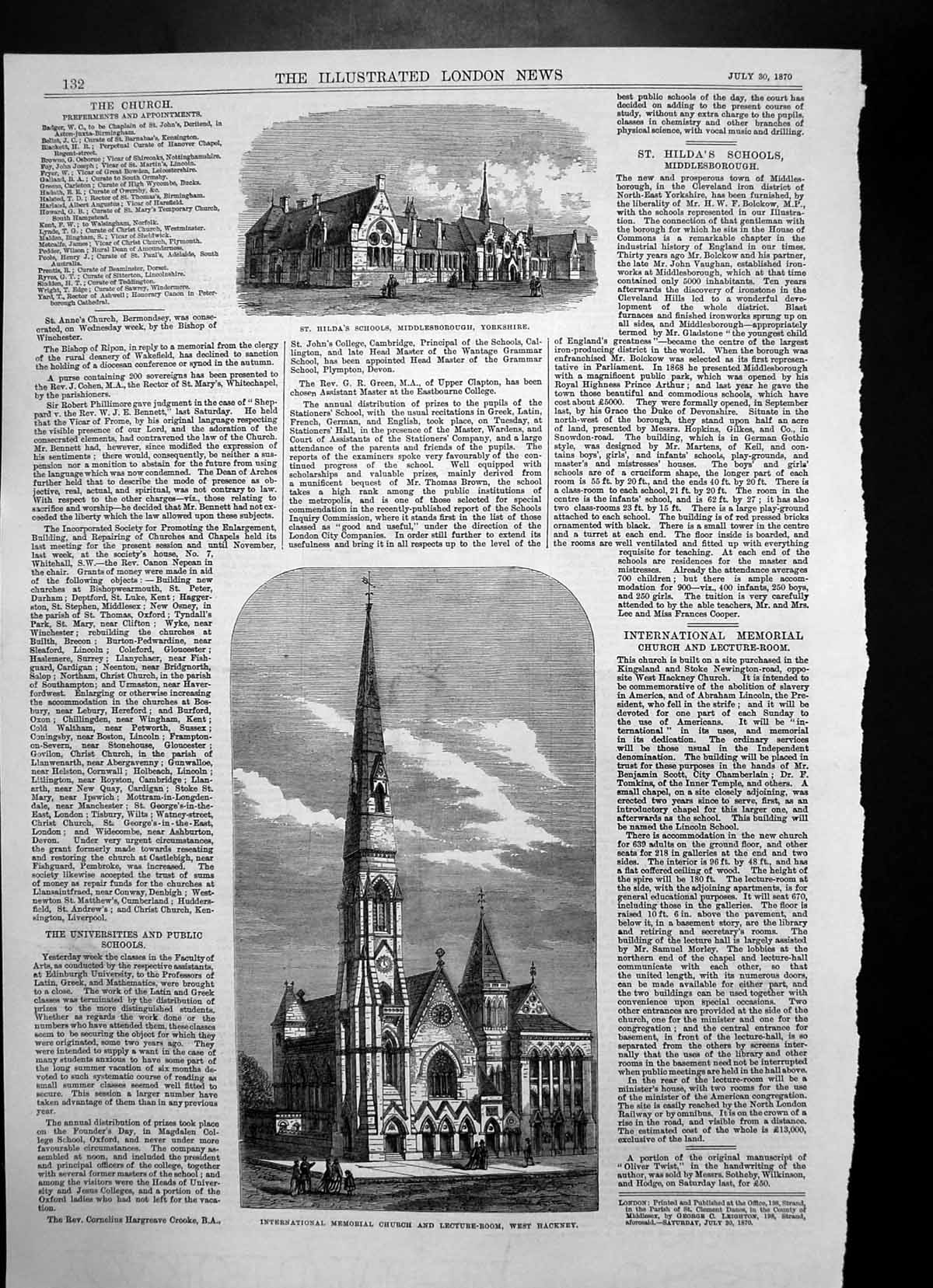 Antique Old Print St Hildas Schools Middlesborough Church West Hackney 1870