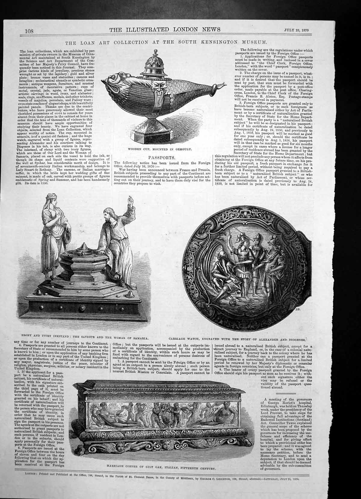 Old Antique Print South Kensington Museum Ebony Inkstand Wooden Cup 1870 19th