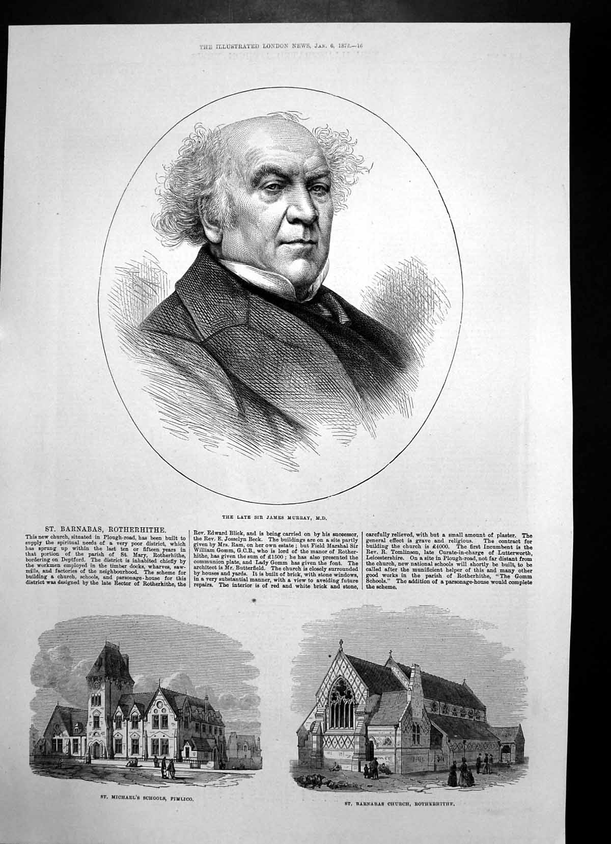 Antique Old Print James Murray Md St Barnabas Church Rotherhithf Pimlico 1872