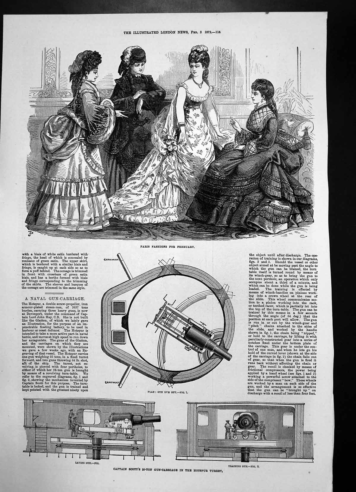 Antique Old Print Capt Scotts Gun Carriage Hotspur Turret Gun Run Out 1872 19th