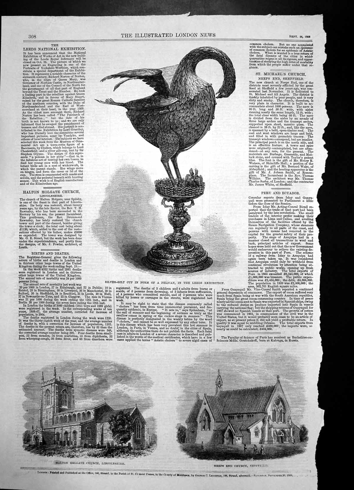 Antique Old Print Halton Holgate Church Lincolnshire Neeps End Church 1868 19th